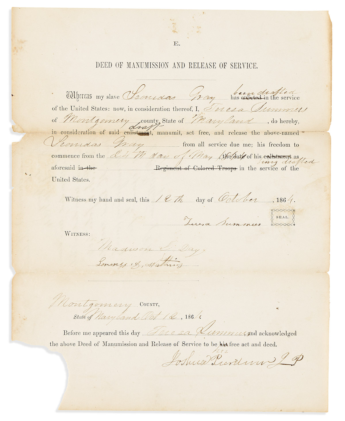 (MILITARY--CIVIL WAR.) Deed of manumission for Maryland Civil War soldier Leonidas Gray, who died nine days after securing his freedom.